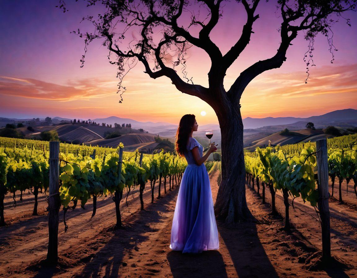 An enchanting vineyard at dusk, with mystical vines twisting and intertwining, revealing hidden secrets of wine-making; a lone figure tasting a glass adorned with intricate symbols, surrounded by ethereal wisps of light representing the spirit of viniculture. The sky is a gradient of deep purples and golds, hinting at the chaos and beauty of nature. surrealism. vibrant colors. 3D.