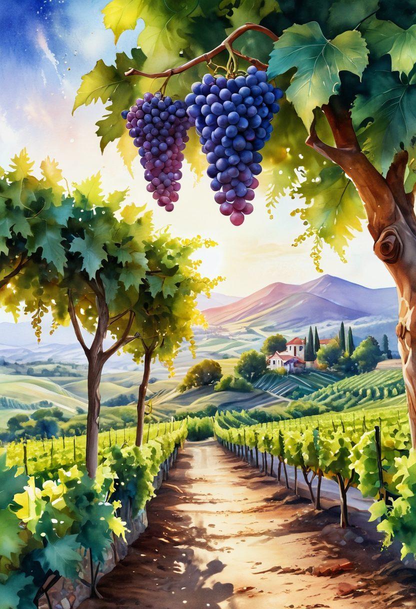 A whimsical vineyard scene showcasing ripe, lush grapes hanging from the vines under a radiant sun, leading to a magical pathway paved with wine glasses that shimmer with different hues of red and white. The background features rolling hills and dotted with fairy lights, creating an enchanting atmosphere. Capture the transition from grape clusters to a beautiful glass of wine, symbolizing the mystical journey. watercolor illustration. vibrant colors. soft focus.