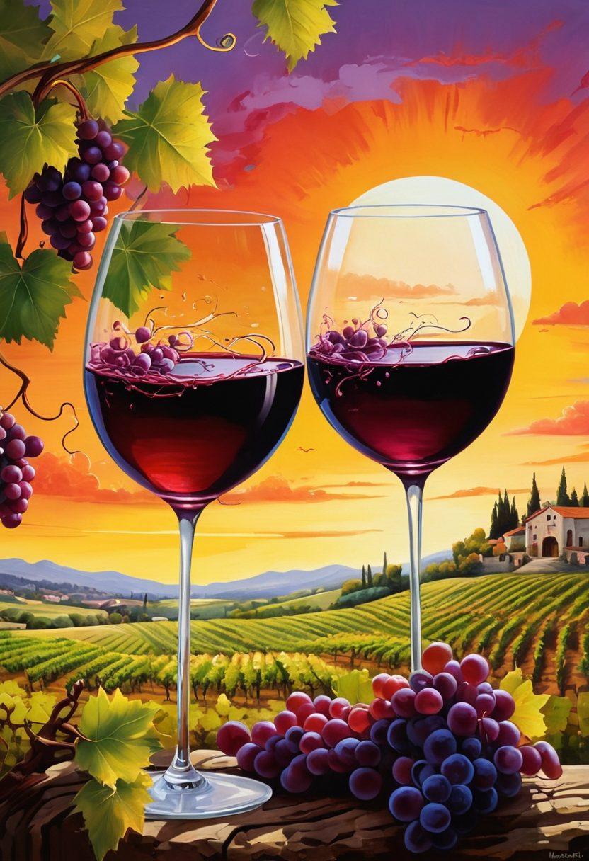 A whimsical vineyard scene set against a sunset backdrop, showcasing playful grapevines intertwining with abstract elements of chaos, such as flying wine glasses and swirling corks. Enchanting figures of joyful wine enthusiasts raise their glasses in celebration, surrounded by colorful grape clusters. The atmosphere is vibrant and lively, evoking the spirit of anarchy against traditional winemaking. painting. vibrant colors. whimsical style.